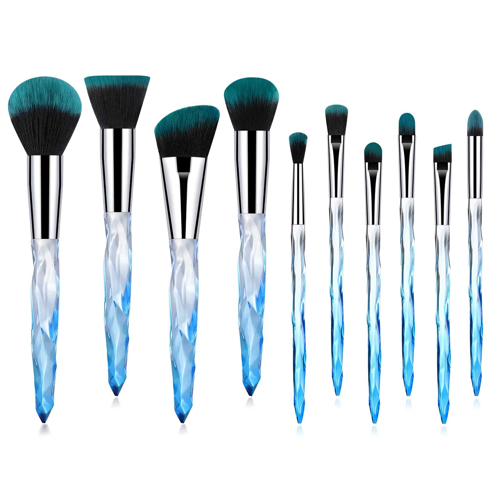 Set of 10 clear crystal handle foundation brushes with artificial fibre bristles in black blue red or yellow