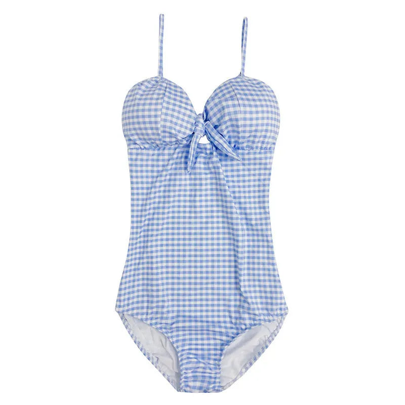 Blue and white plaid pattern women's one-piece swimsuit for swimming