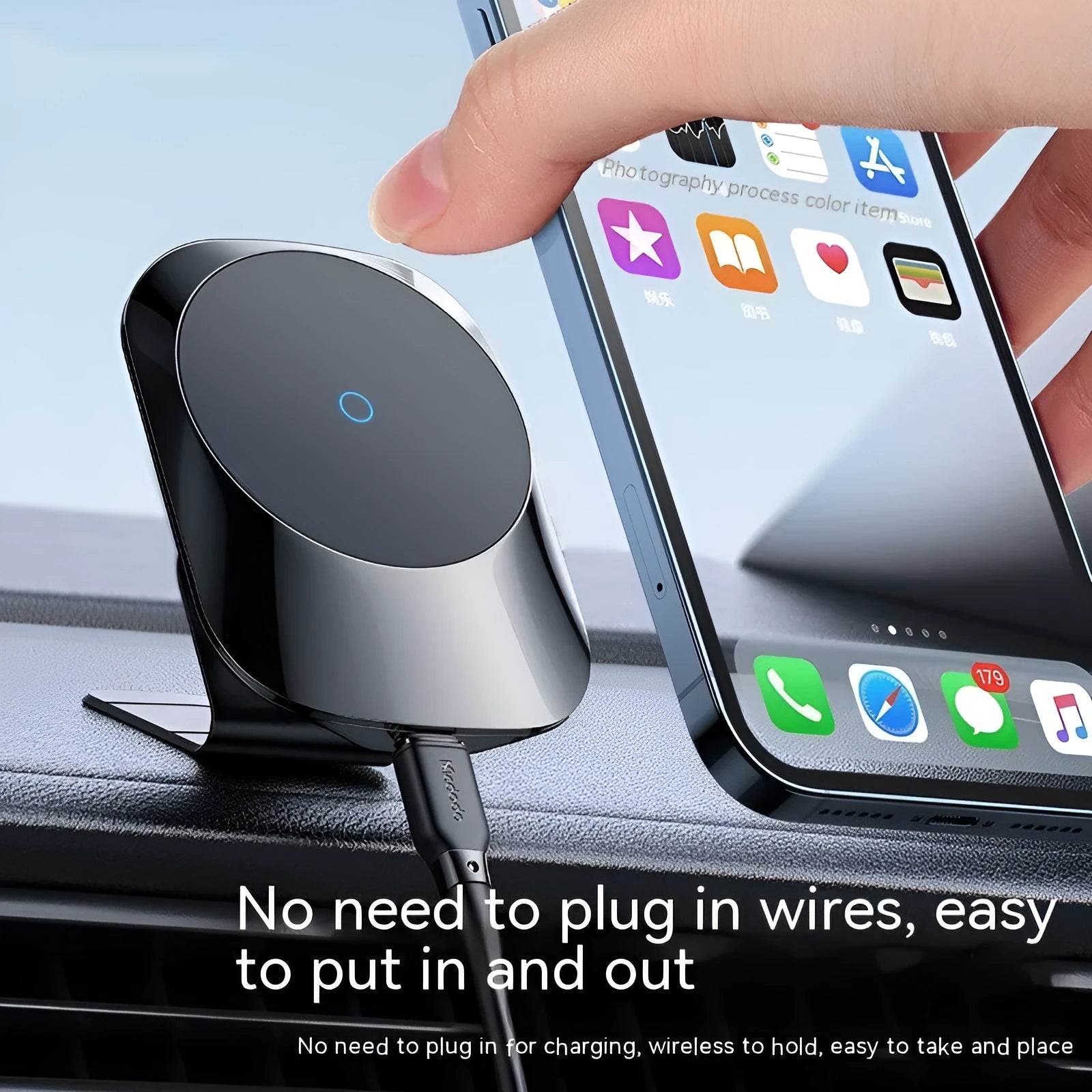 Black magnetic car wireless charger mounted on dashboard with phone attached