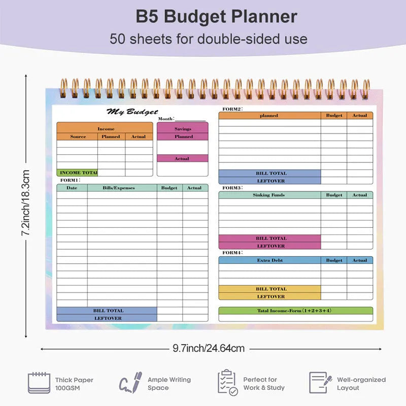B5 size spiral-bound budget tally notebook with a PP cover, open on a table.