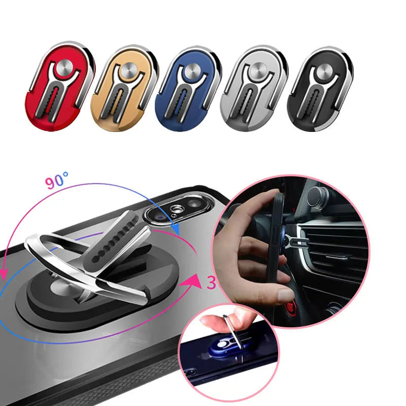Universal car mobile phone holder with 360-degree adjustable ring bracket in black, silver, blue, gold, and red colours.