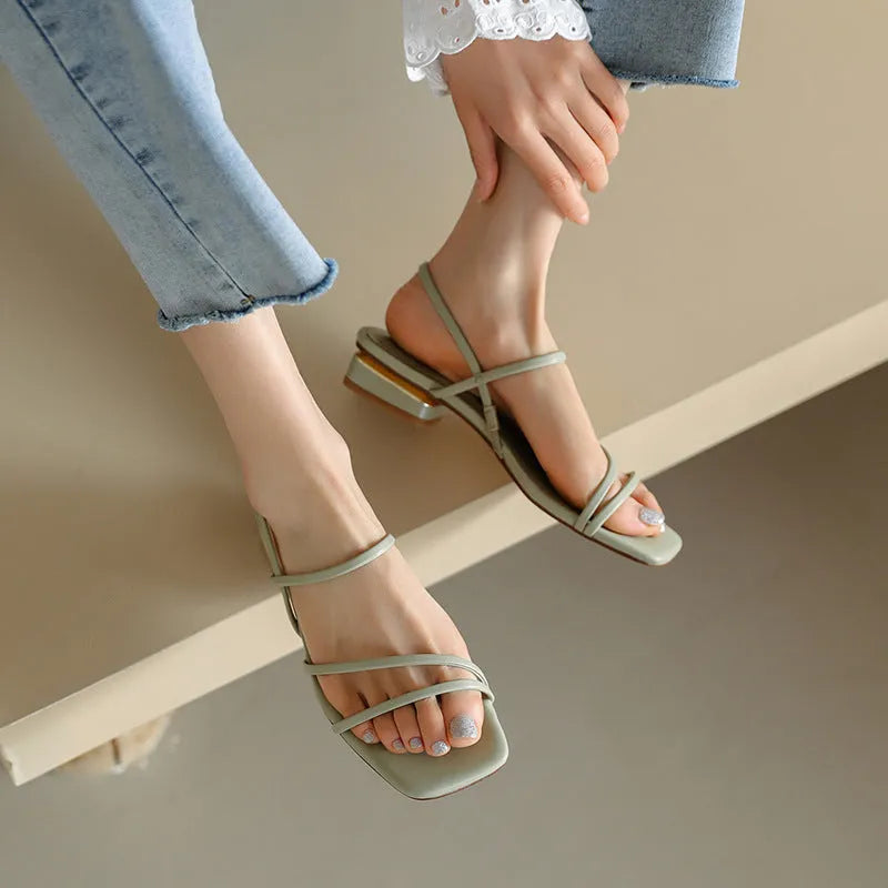 Women's flat beige Roman sandals with square toe and microfiber straps