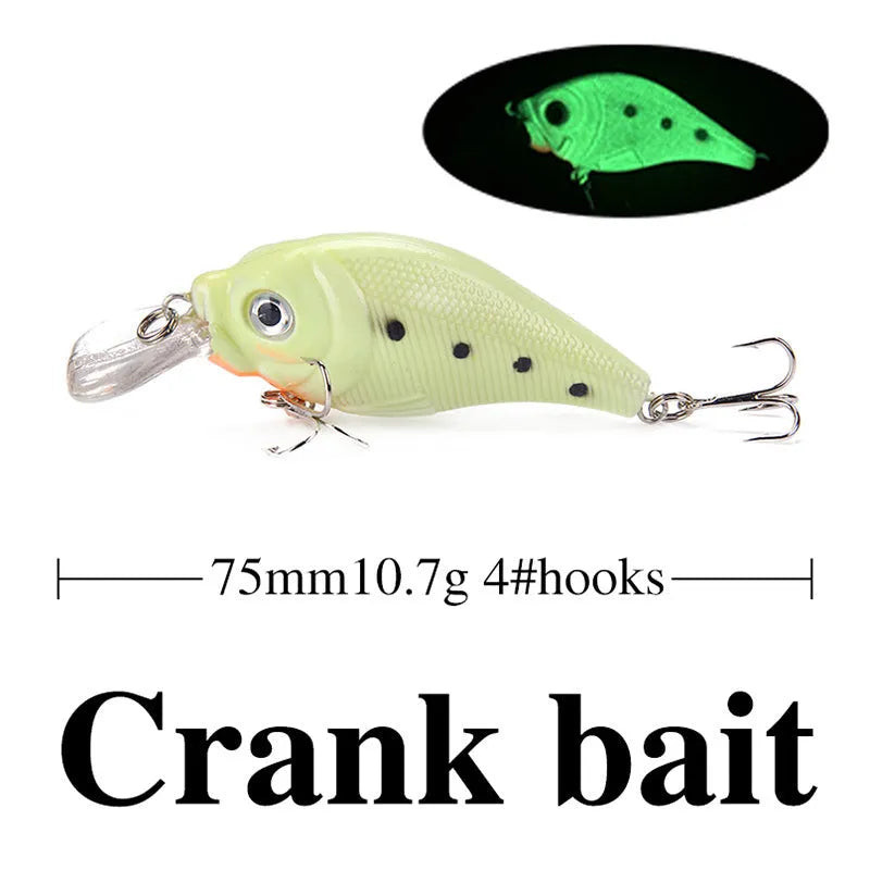 Set of five 3D fluorescent hard bait fishing lures with realistic fish-scale patterns in assorted colours