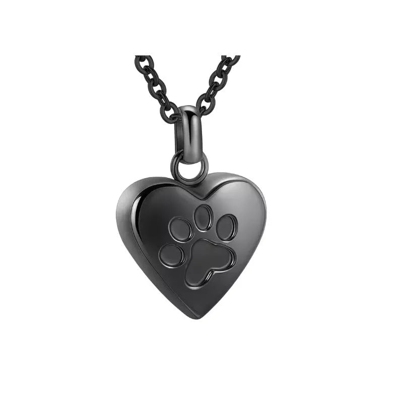 Openable titanium steel heart pendant necklace with engraved paw print for ashes.