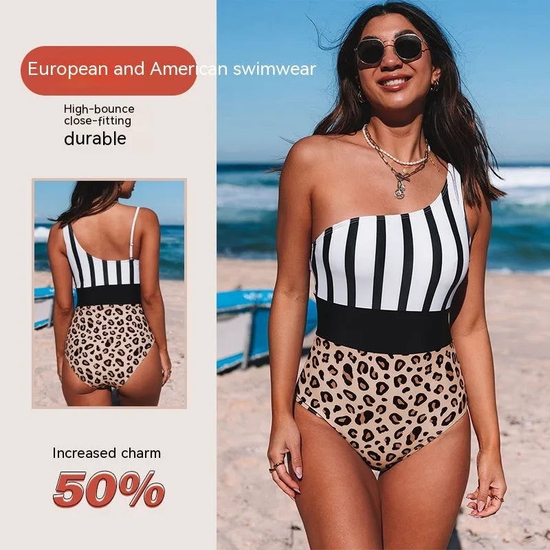Women's leopard print high waist one-piece swimsuit with asymmetric collar