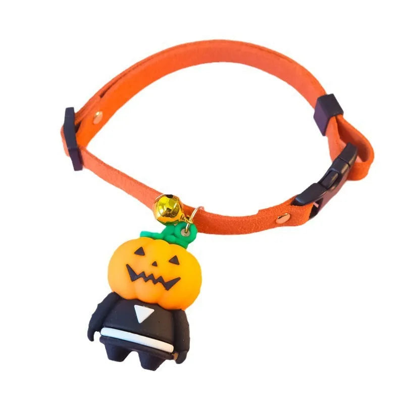 Halloween dog collar decoration in polyester with cartoon Pumpkin Man, luminous brat, and luminous skull designs.