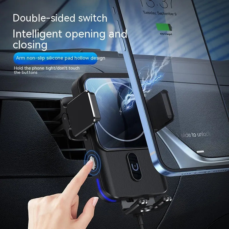 Black car wireless charger phone holder with 15W charging and suction cup mount