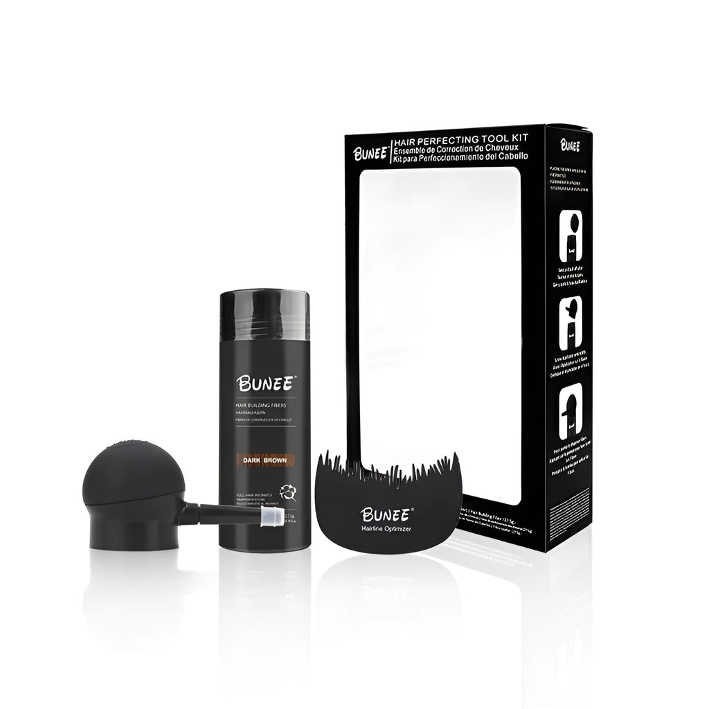 Boxed dense hair fibre powder three-piece set showing colour options for black, brown, blonde, grey, and white hair.