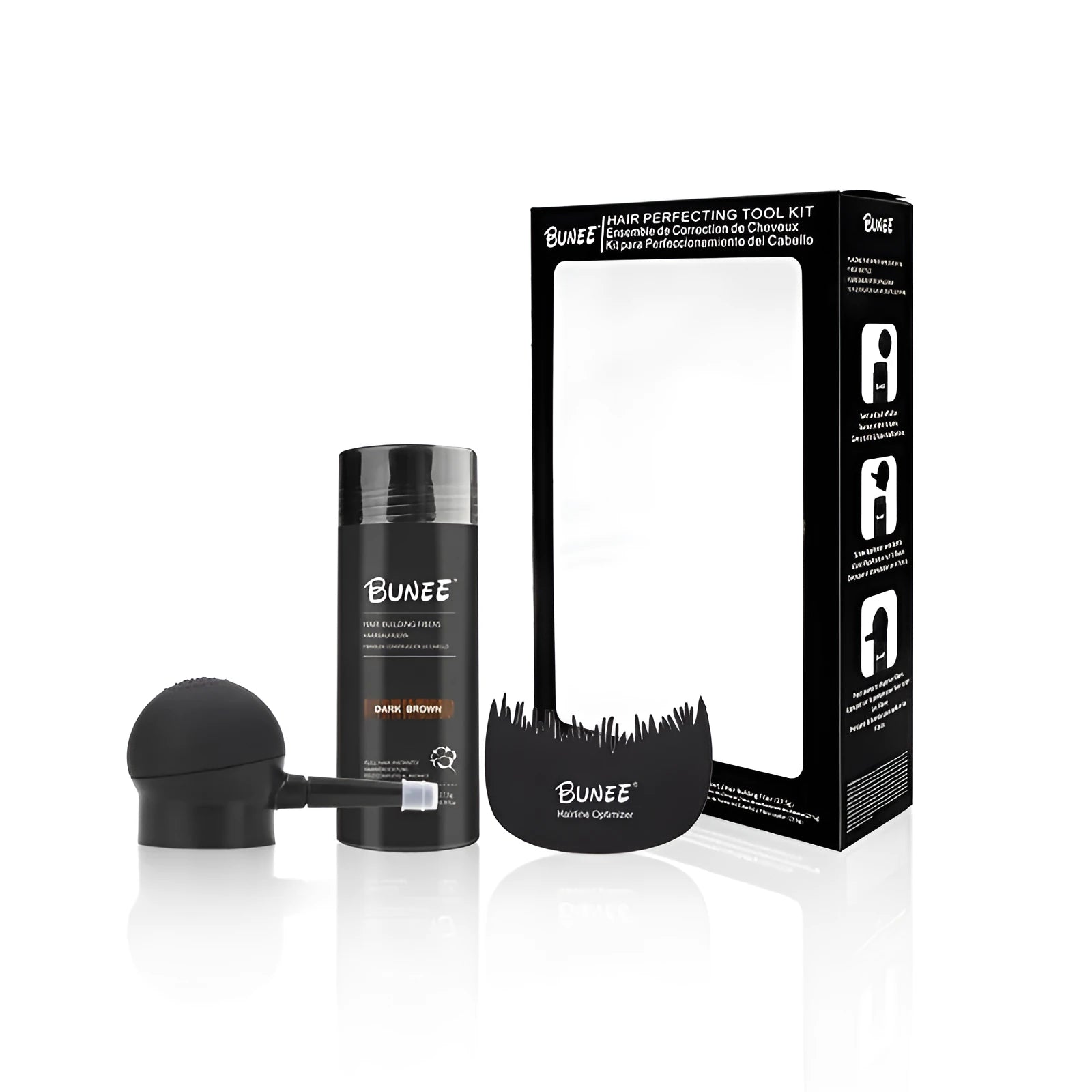 Boxed dense hair fibre powder three-piece set showing colour options for black, brown, blonde, grey, and white hair.