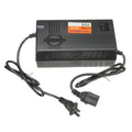 72V20AH electric car charger with aluminium housing showing dimensions and plug connections