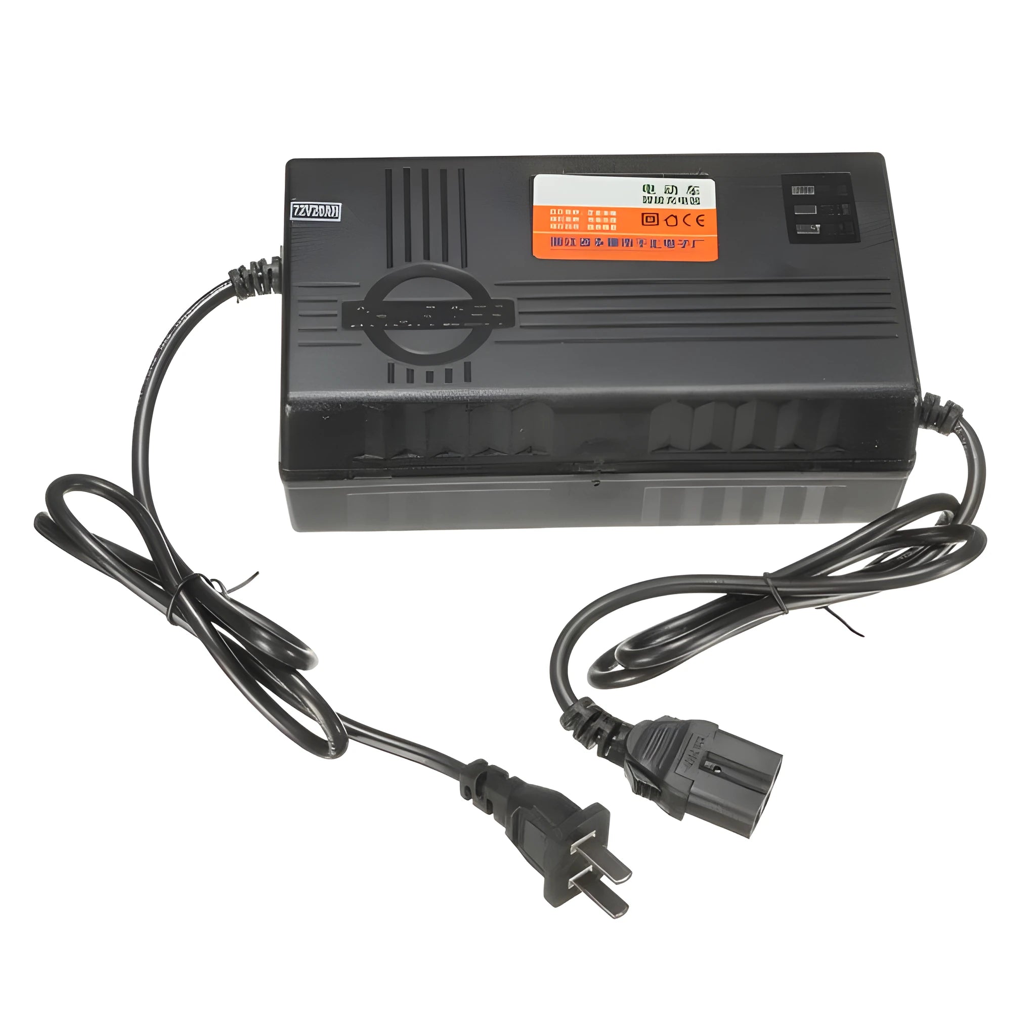 72V20AH electric car charger with aluminium housing showing dimensions and plug connections