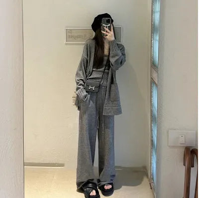 Women's knit cardigan and pants three-piece set in wool blend fabric shown in beige colour