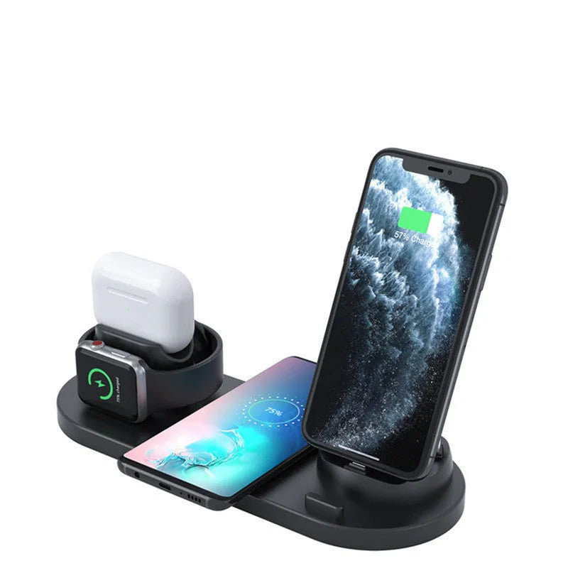 Black or white 6-in-1 wireless charging phone holder with 10W output and AirPods charging