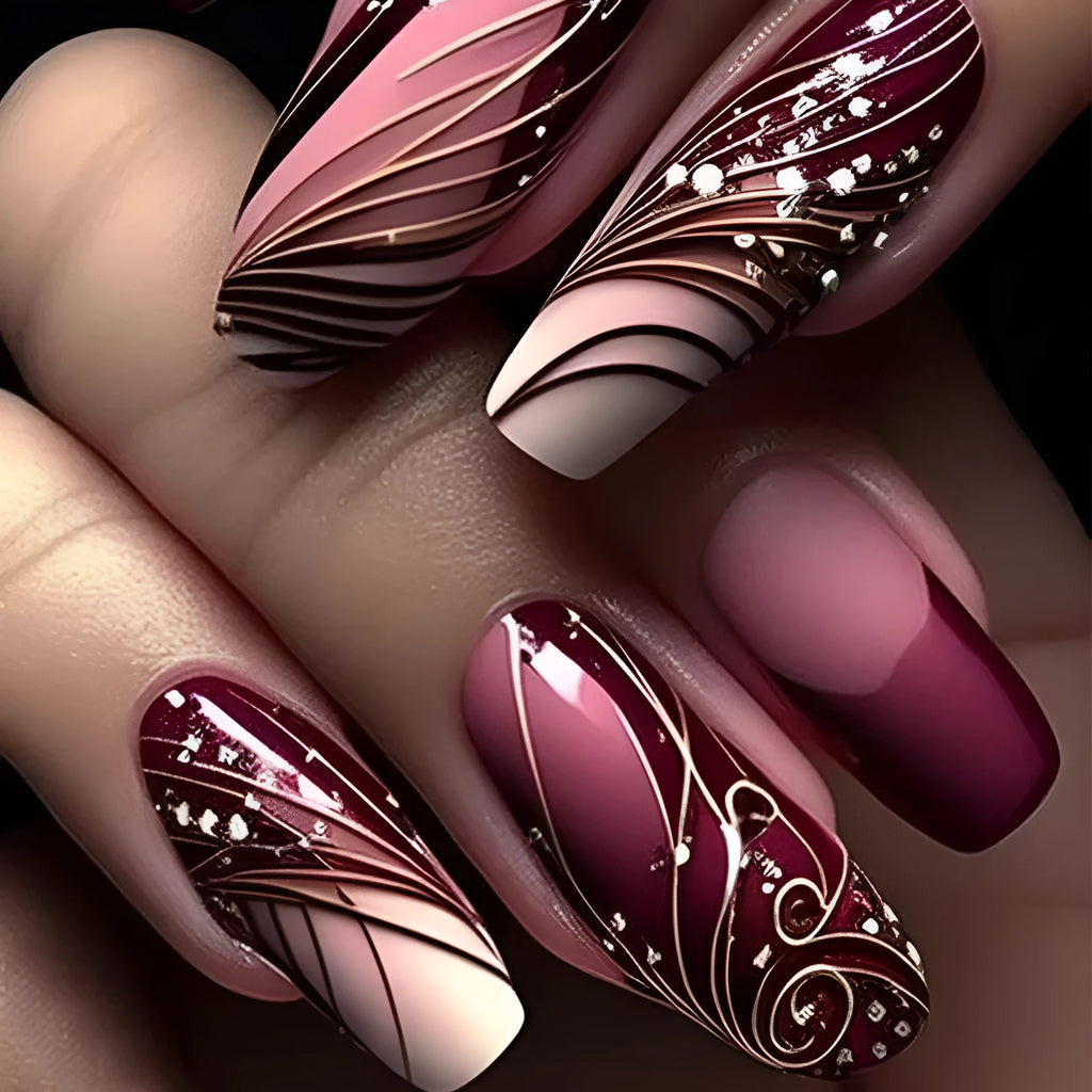 French line pattern fake nails with removable adhesive on plastic backing next to glue tube