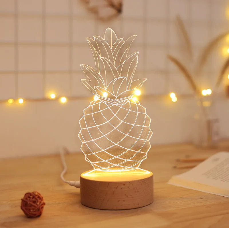 Wood and acrylic pineapple-shaped bedside table lamp with a dimmer switch and USB cable.