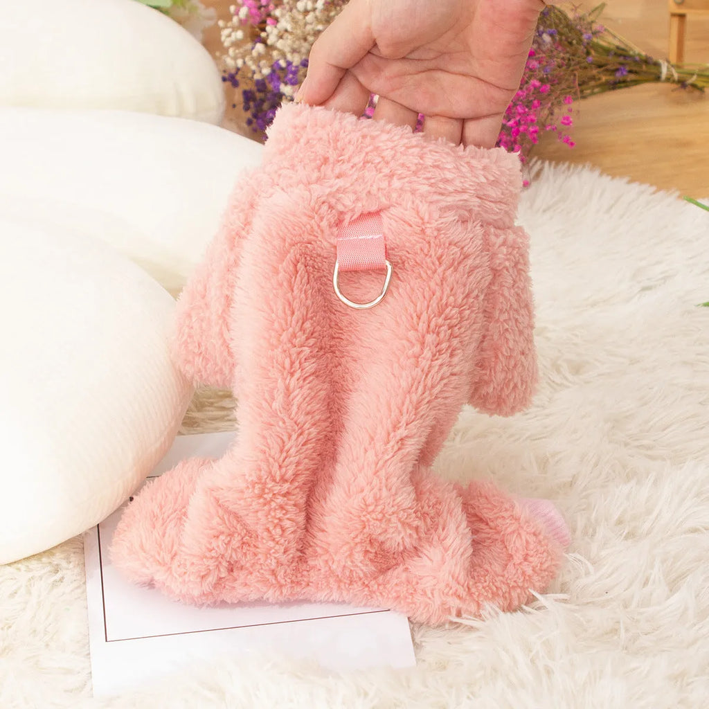 Double-sided thick plush dog clothes with high collar and towing ring in khaki colour