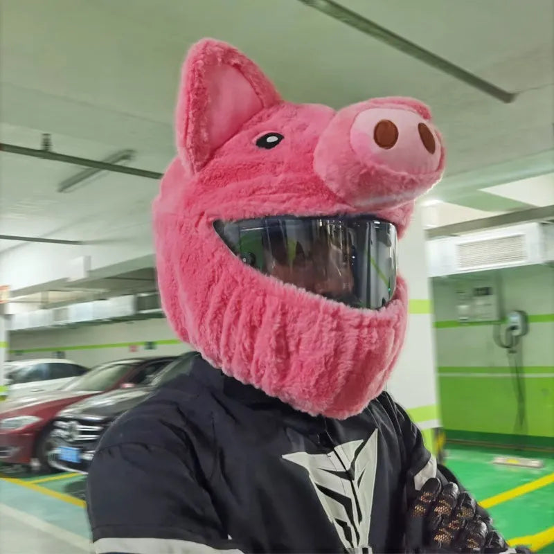 Pink cartoon pig design plush protective hood for motorcycle helmets