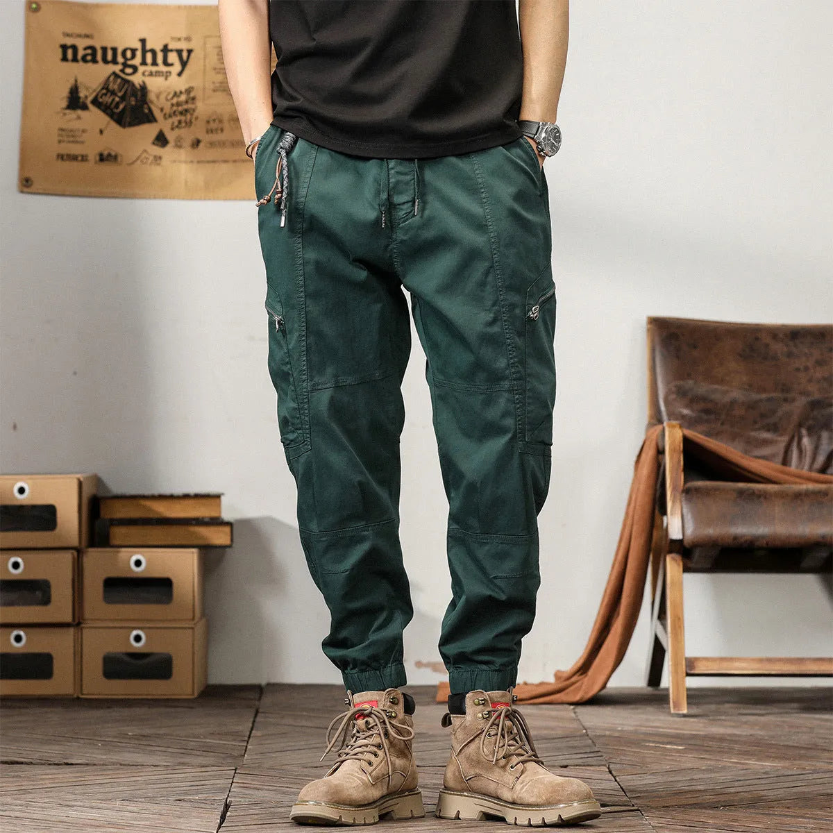 Men's American retro style tapered harem pants with ankle banded leg opening in cotton fabric