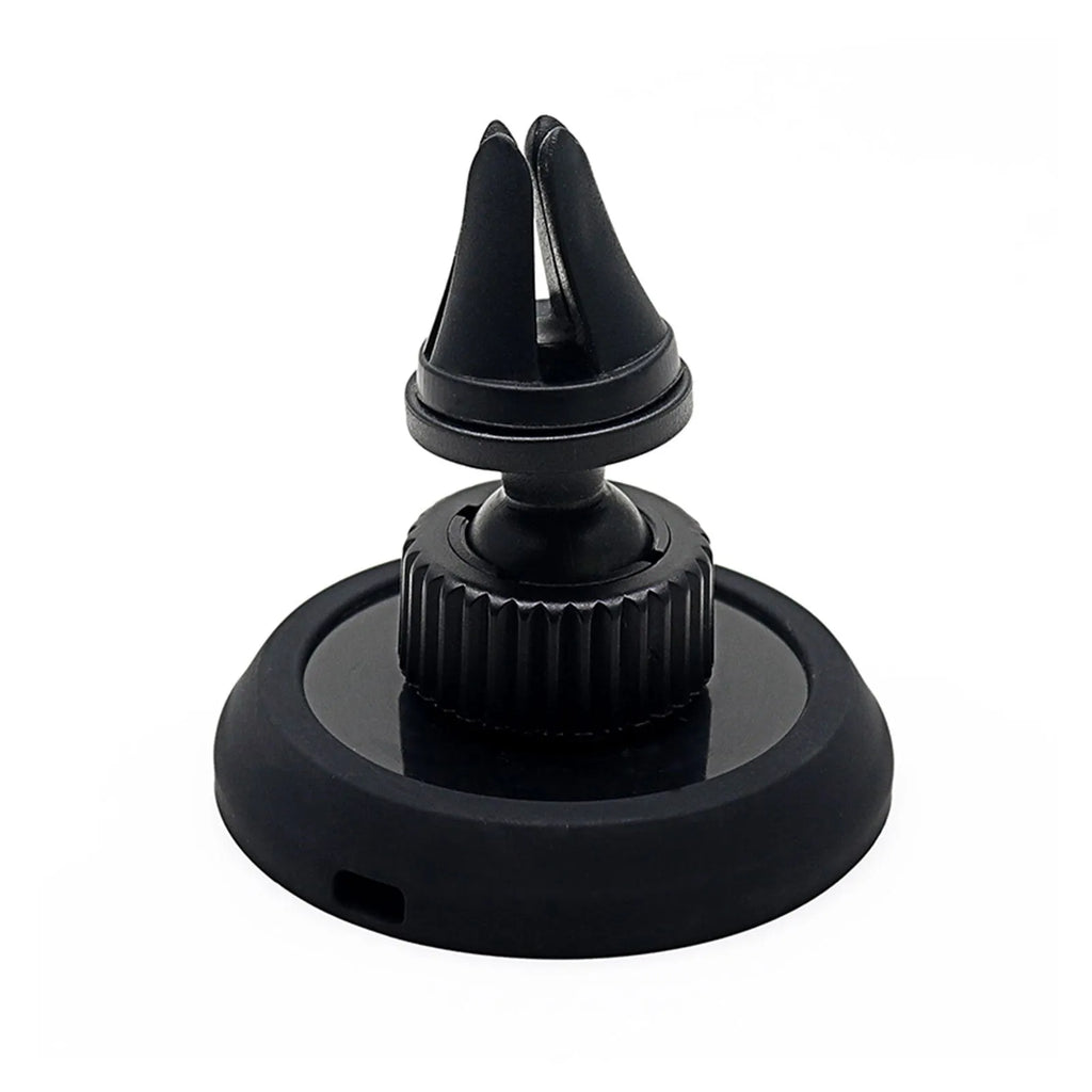 Black magnetic car phone holder mounted on vehicle air vent with smartphone attached, showing 360° rotation capability