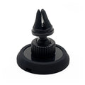 Black magnetic car phone holder mounted on vehicle air vent with smartphone attached, showing 360° rotation capability
