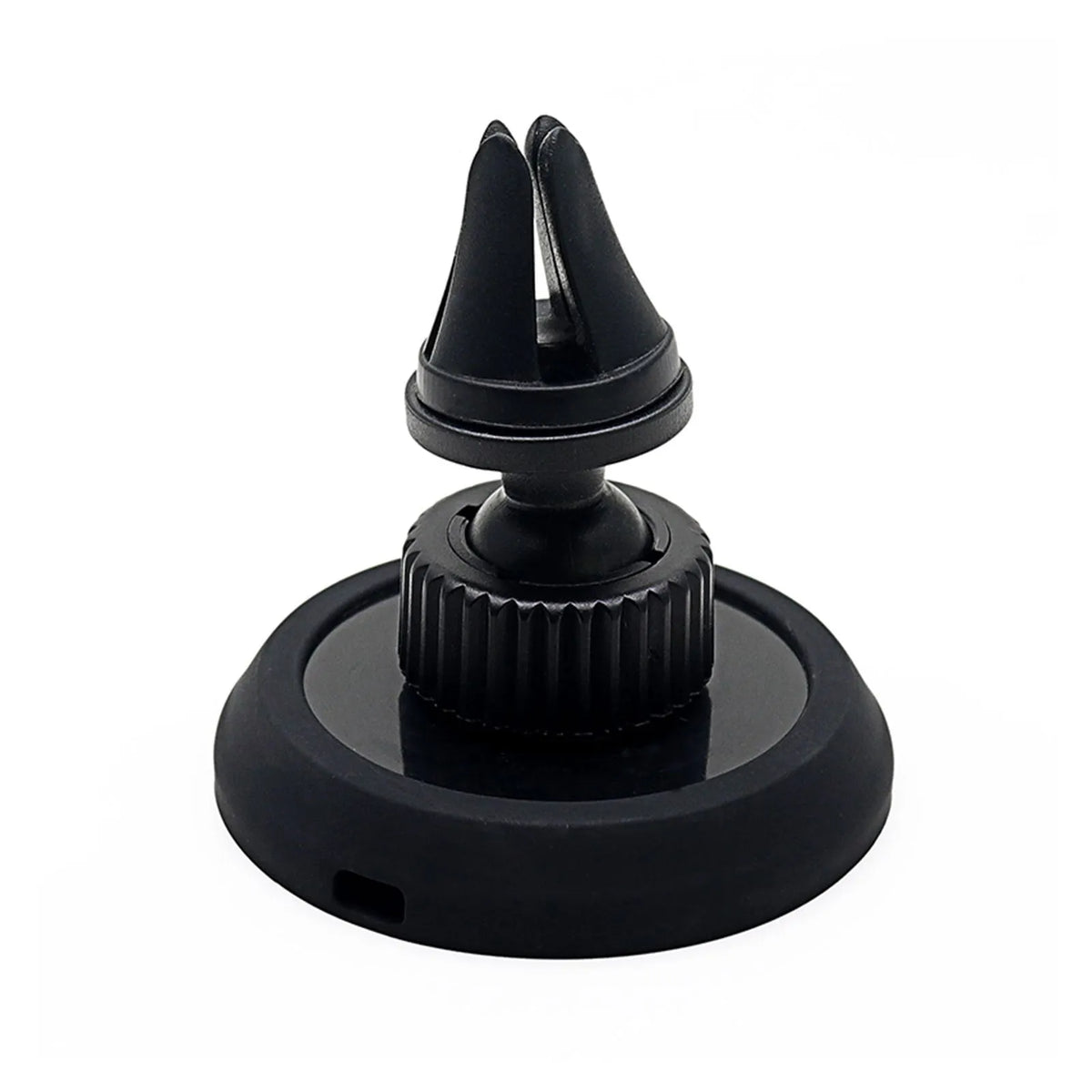 Black magnetic car phone holder mounted on vehicle air vent with smartphone attached, showing 360° rotation capability