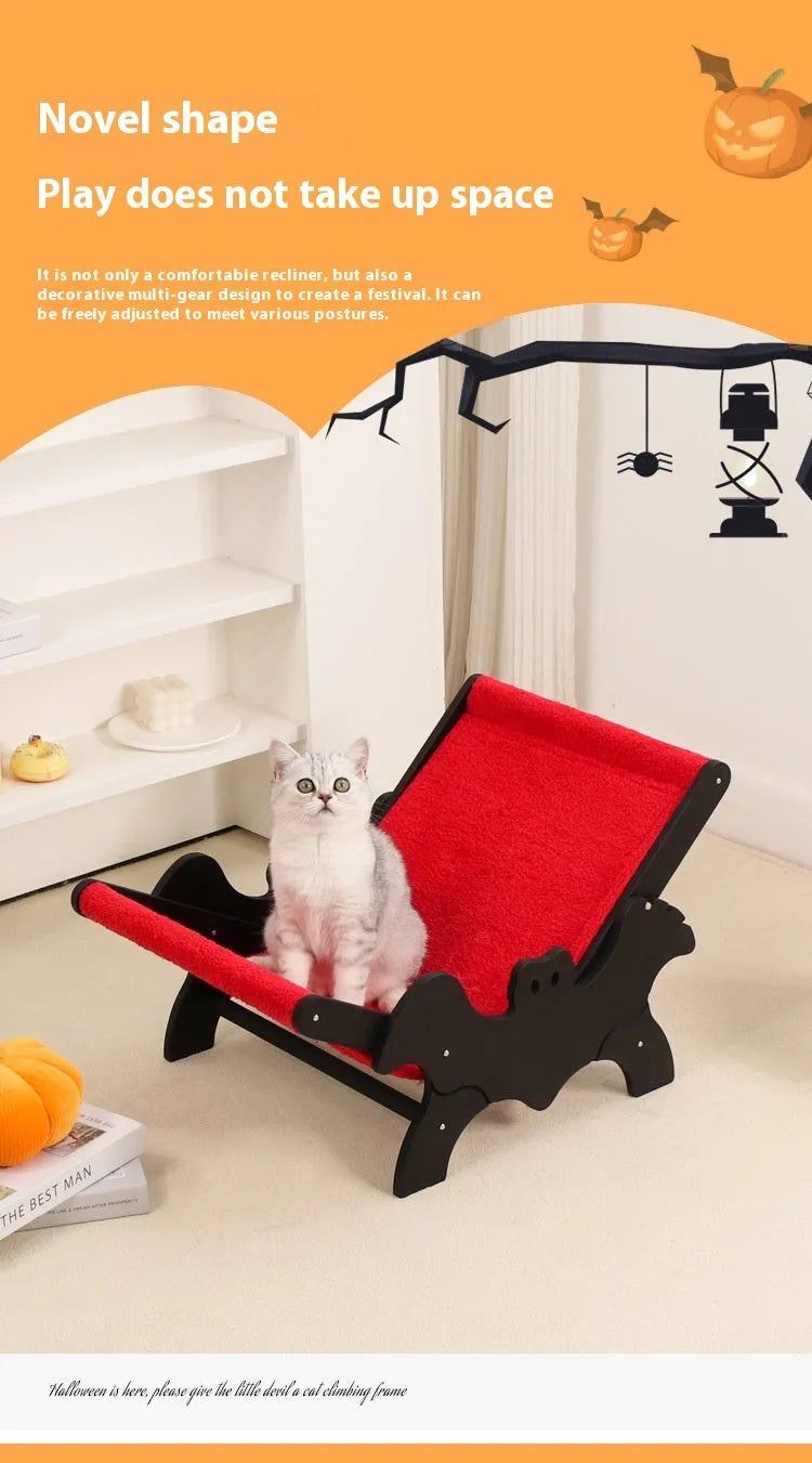 Wooden cat recliner bed with Halloween black and red design on raised platform