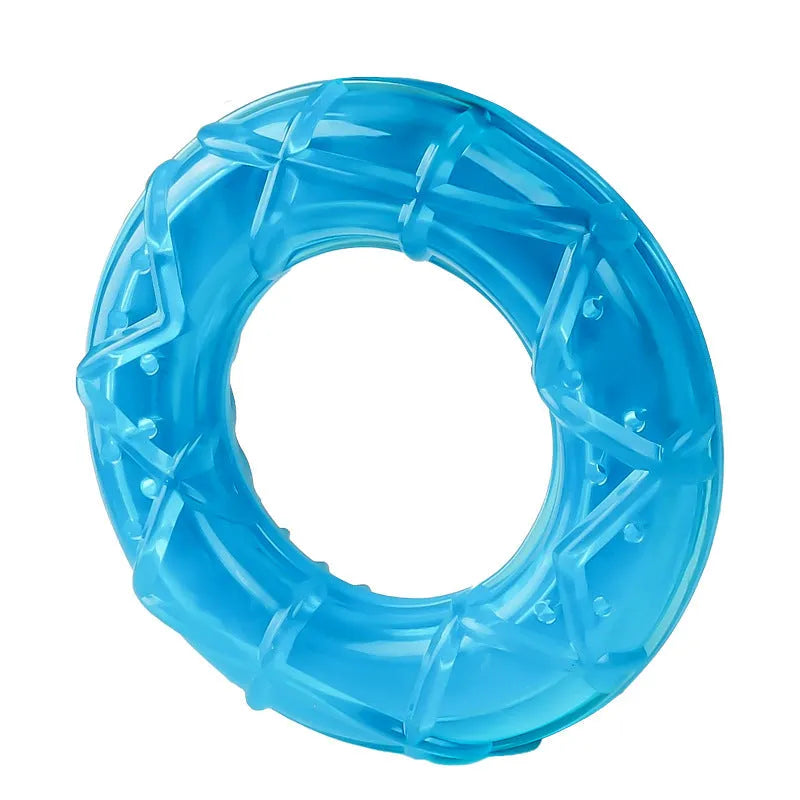 Three water filled dog toys: pacifier, popsicle, and ring shapes for cooling and teething