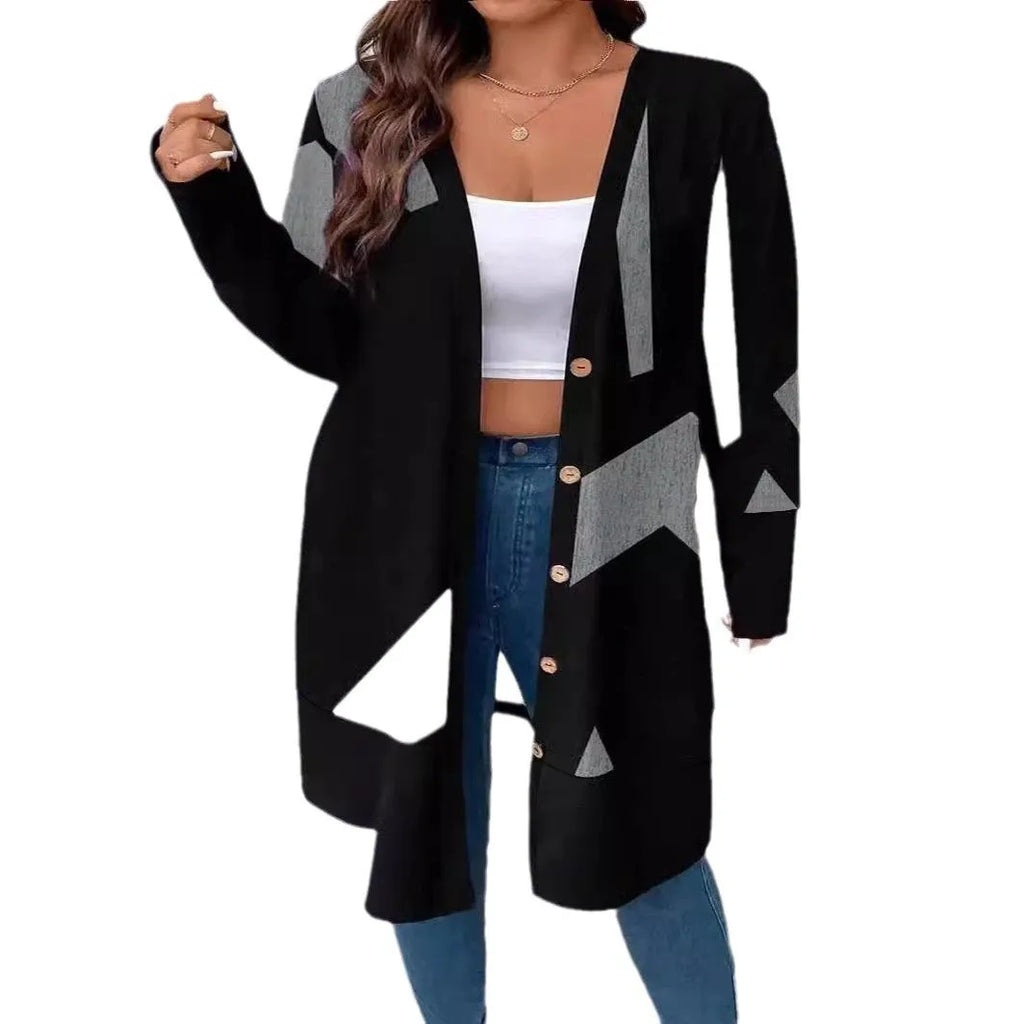 Black loose fit women's cardigan coat with button front in Japanese Korean casual style