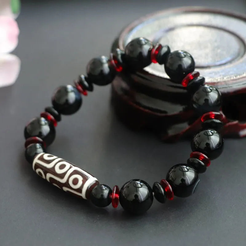Hand-woven black agate Dzi bead bracelet with 11mm geometric chalcedony stones in national style