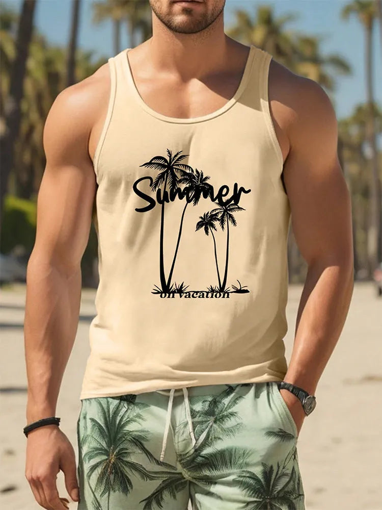 Men's 3D printed Hawaiian-style sleeveless vest in solid colour polyester pinhole cloth