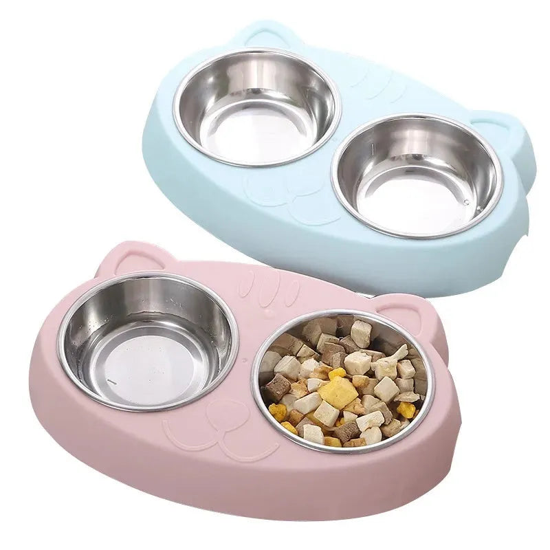 Blue, green, and pink macaron-shaped plastic double bowl pet feeding tray for cats and dogs.