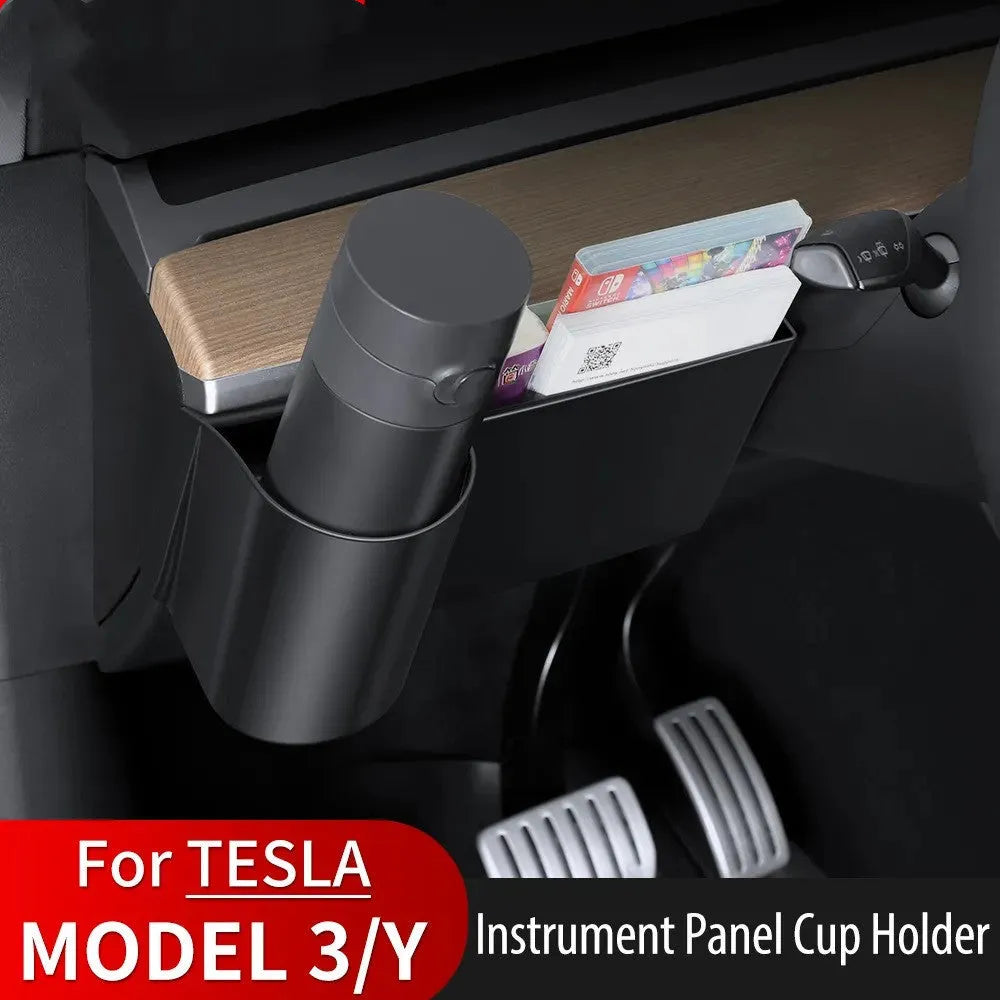 Plastic Tesla Model 3 and Y dashboard cup holder with a handle for left-hand drive cars.
