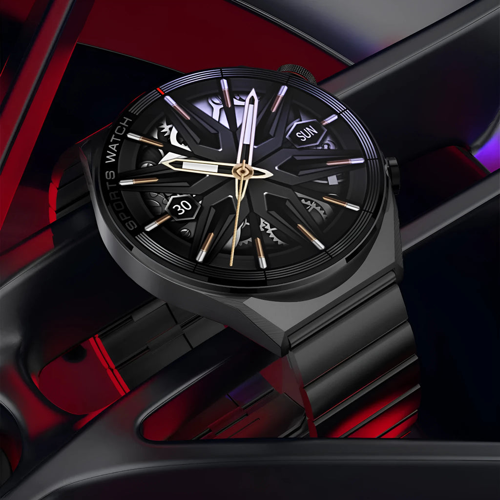 Large screen Bluetooth calling smart watch with black case and leather strap showing display interface