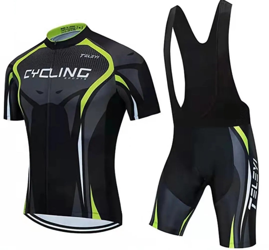 Cycling jersey and pants set in a colour style, laid flat to show the top and matching shorts.
