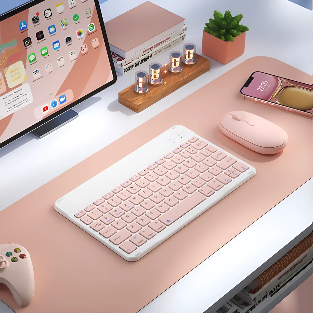 Girls Bluetooth tablet keyboard in multiple colour options including white, green, and pink on a desk