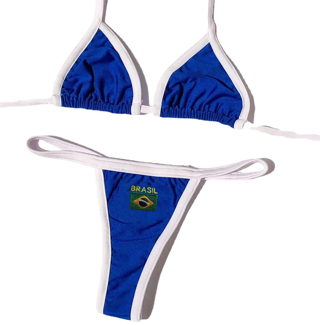 Women's yellow polyester bikini set with T-back top and shorts-length briefs