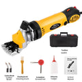 Yellow electric wool shearing machine with 13-tooth blade and multiple accessory sets in plastic storage box