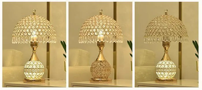 Crystal desk lamp with iron art base in gold finish on wooden table
