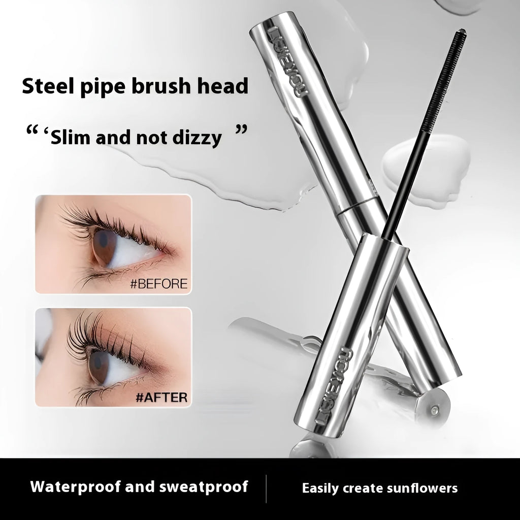 Waterproof steel tube eyelash mascara in black or brown shades with optional eyelash curler for long thick lashes
