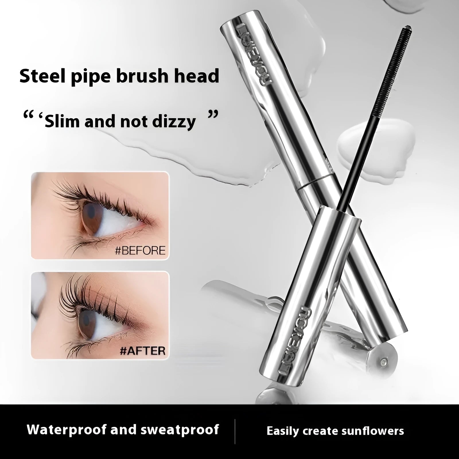 Waterproof steel tube eyelash mascara in black or brown shades with optional eyelash curler for long thick lashes