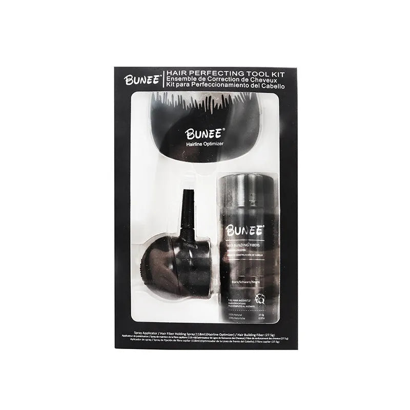 Boxed dense hair fibre powder three-piece set showing colour options for black, brown, blonde, grey, and white hair.