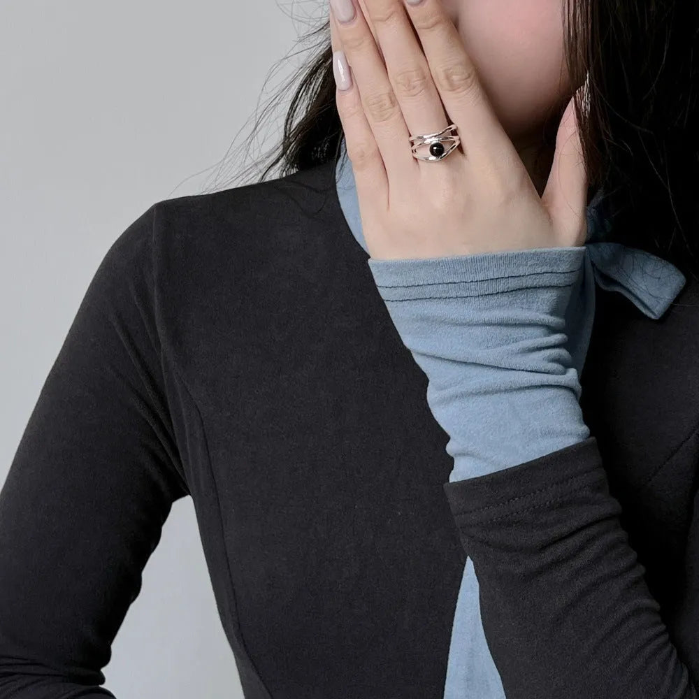 S925 sterling silver women's ring with inlaid black agate, multi-line hollow geometric design, adjustable open band.