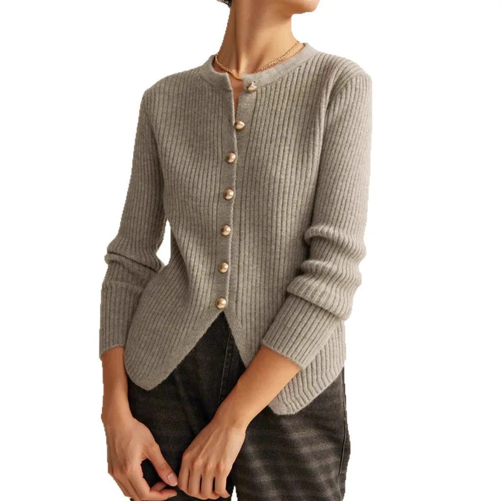 Silver and red yuan collar loose fit polyester cardigan for autumn winter wear.