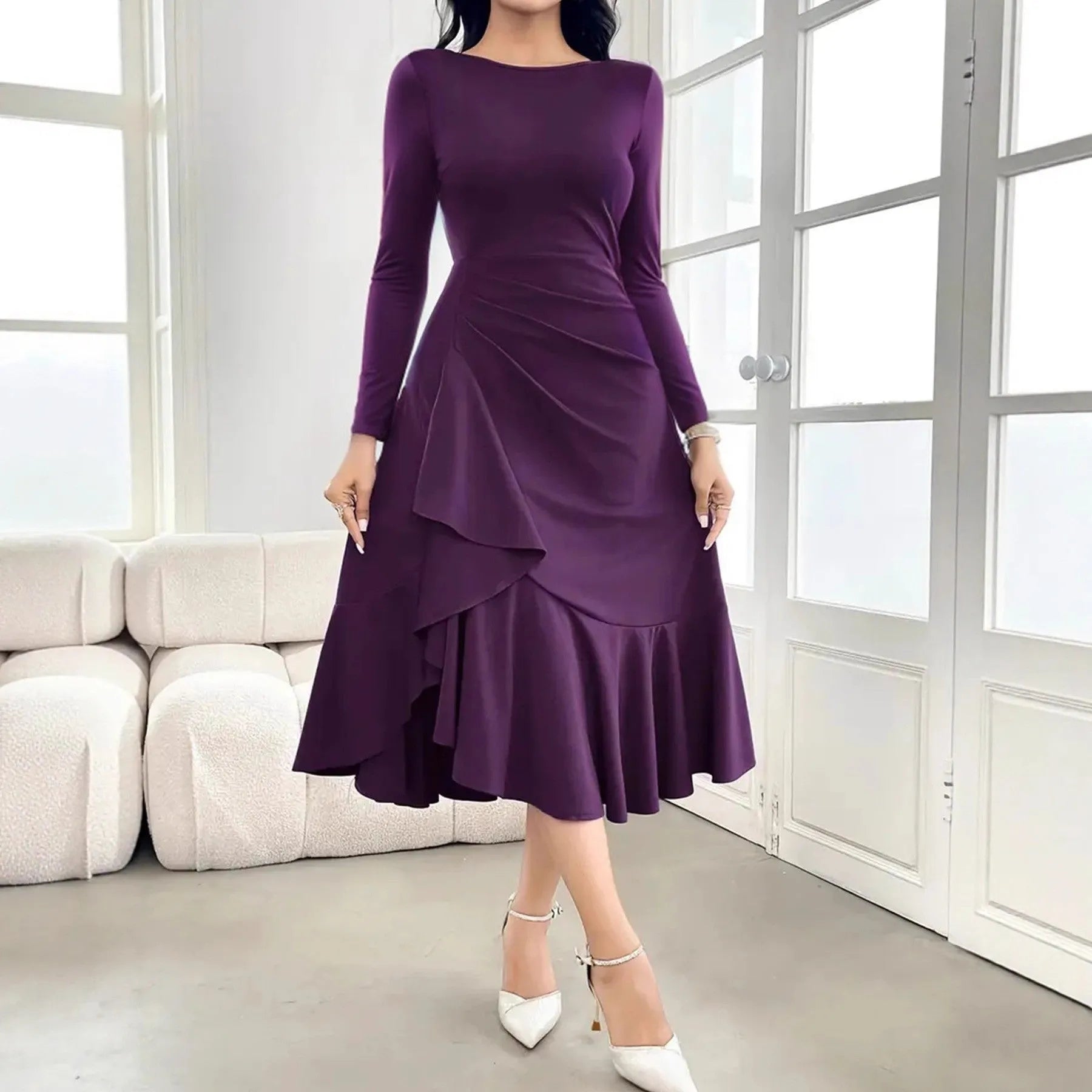 Purple women's long sleeve dress with ruffles, round neck, and mid waist.