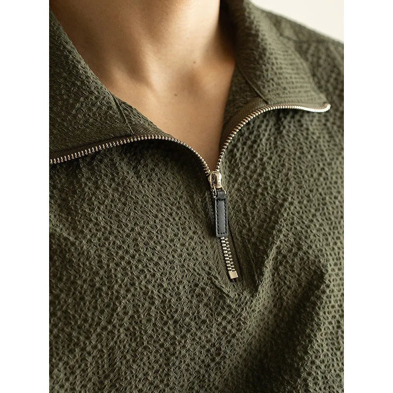 Men's cedar green short sleeve polyester T-shirt with loose fit for summer casual wear