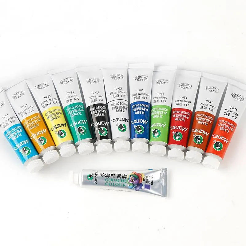 Gouache paint sets showing 12, 18 and 24 colour options with individual paint tubes