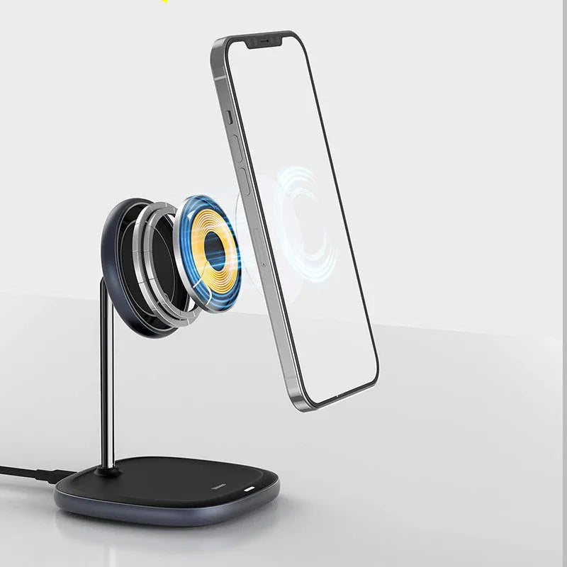 Black magnetic wireless charging stand for iPhone 12 with Type-C cable on a desk