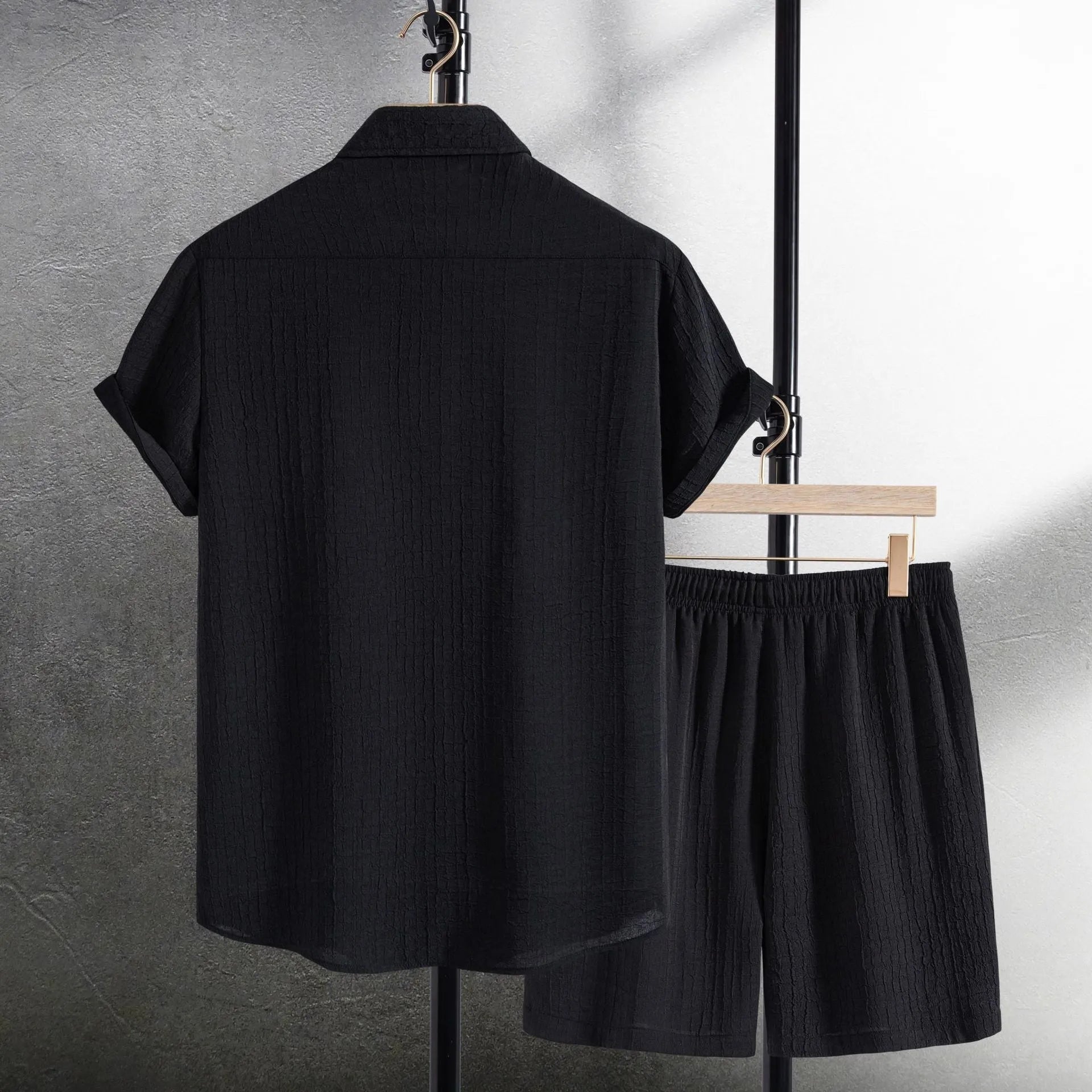 Men's white jacquard patterned short sleeve shirt with matching shorts casual set
