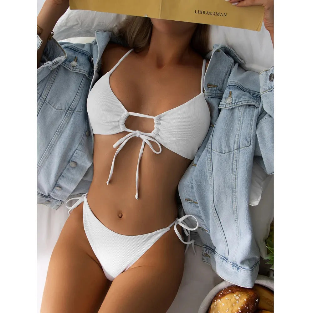 Women's drawstring bikini swimsuit in solid colour with spandex lining