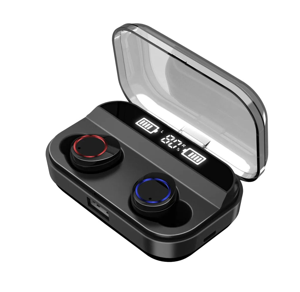 Black X11 wireless Bluetooth earbuds with charging case and six silicone ear sleeves on a white background.